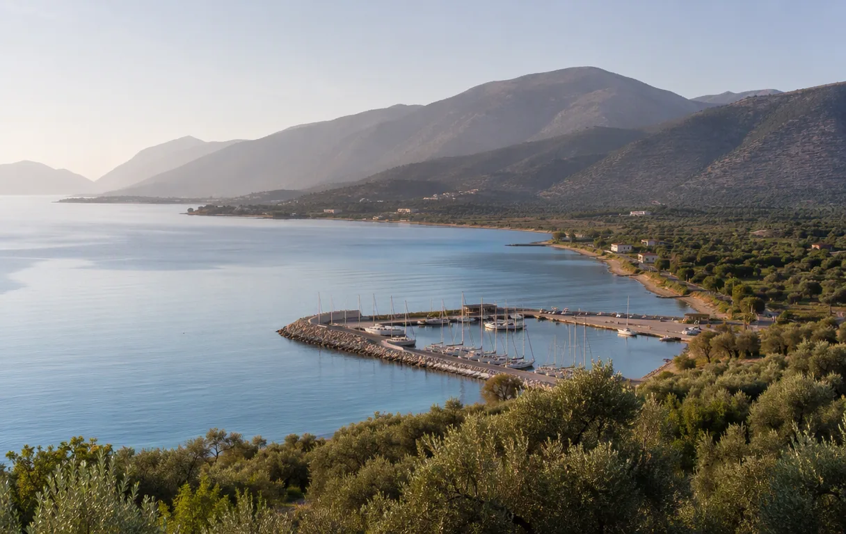 The bay of Orikum with the marina and the mountains towards the Llogara pass